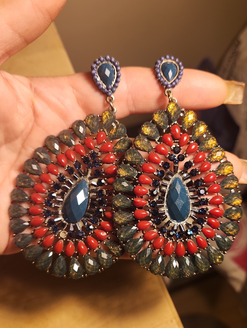 Beaded HANDMADE Teardrop Earrings with Pink and Blue Stones